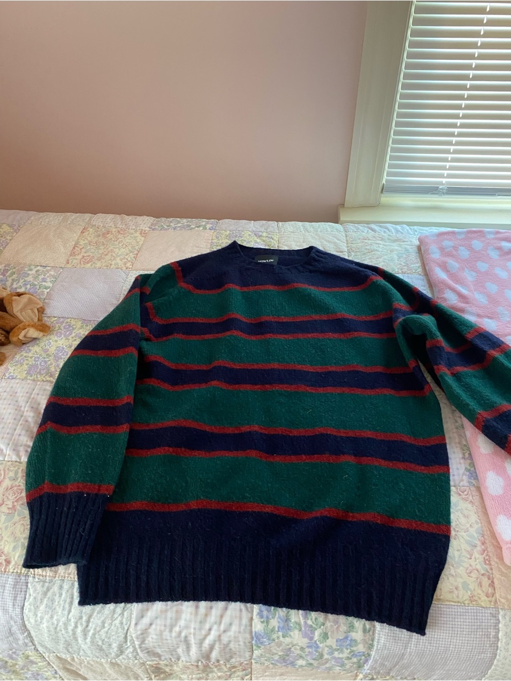 Striped Crewneck Wool Sweater in Green, Navy & Red